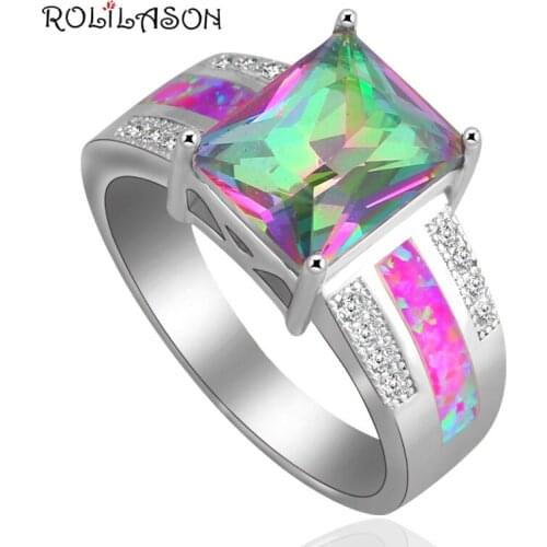 ROLILASON Rectangle multicolor Zircon Inlay rose pink fire Opal Silver fashion Jewelry Ring USA Ring sz#7 #8 #9 #10 OR644