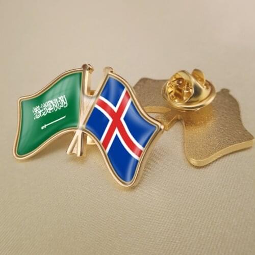 Saudi Arabia and Iceland Crossed Double Friendship Flags Lapel Pins Brooch Badges