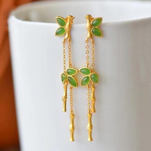 Natural Hetian Jade Green Jade Long Bamboo Stud Earrings Classical S925 Sterling Silver Bamboo Stud Earrings Ornament