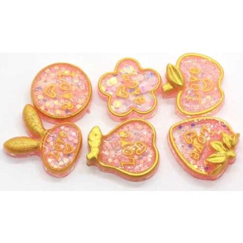 Cute Gold Edge Glitter Resin Heart Apple Strawberry Pearl Fruit Flatback Cabochon For Scrapbooking Phone Patch Decor