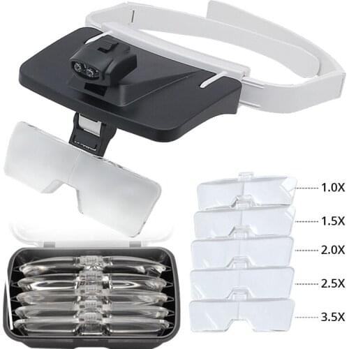 Foldable Headband Magnifying Glass 2 LED Lamp Hands Free Reading Magnifier w/ 5 Lenses 1.0X 1.5X 2.0X 2.5X 3.5X Headset Magnifie