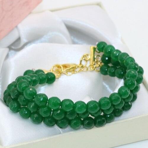 Vintage exquisite green natural stone chalcedony jades faceted round 6mm 3 rows bracelets luxury clasps jewelry 7.5inch B2790