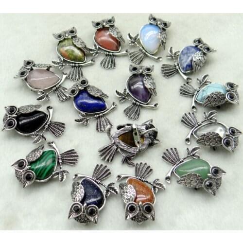 Vintage Silver Plated Owl Natural Stone Opal tiger eye Turquoises lapis Brooch For Women Charms Jewelry Brooches pendant 10pcs