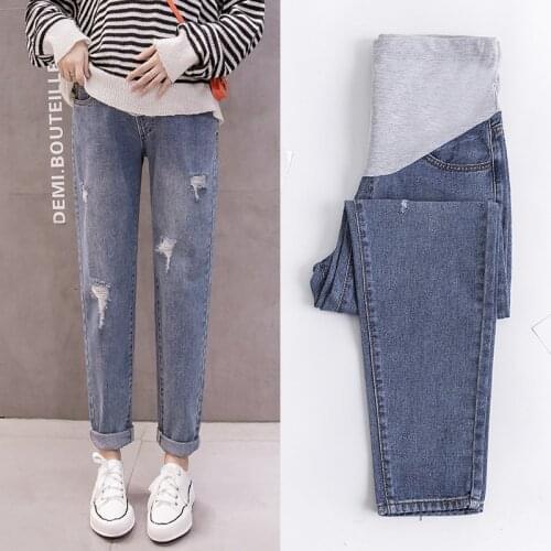 Vintgae Washed Denim Maternity Jeans Elastic Waist Belly Loose Pants Clothes for Pregnant Women Hole Jeans