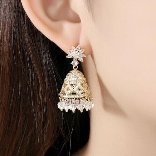 Women Indian Jhumka Ethnic Tribal Small Bell Drop Earring AAA Cubic Zircon Jewelry Gypsy Beads Tassel Earrings Wedding Fashion