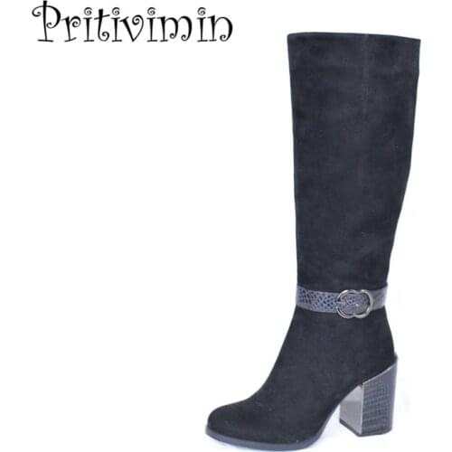 2018 new woman thick high heeled long boots winter botas mujer warm lined shoes Ladies genuine leather bottes Pritivimin FN55