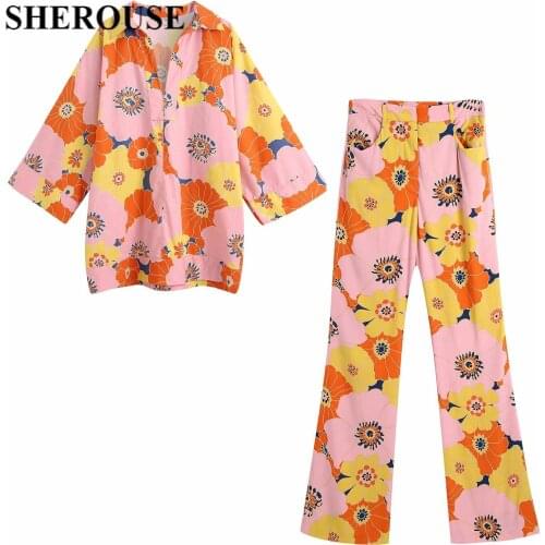 2021 New Women Printed 2 Pieces Set Long Sleeve Oversized Blouse Loose Trousers Suit Pajamas Fashion Women Outfit Pants Sets