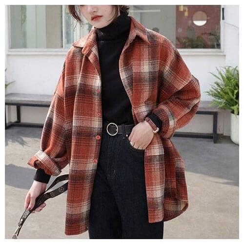 2021 New Women Vintage Plaid Heavyweight Shirts Plus Size Women Casual Long Sleeve Style Clothing And Tops