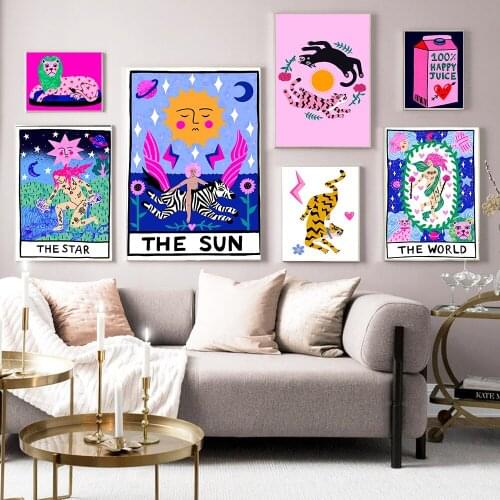 Sun Star World Tarot Color Poster Tarot Card Tiger Canvas Printmaking Wall Art Decoration Painting Fortune Teller Gift Picture