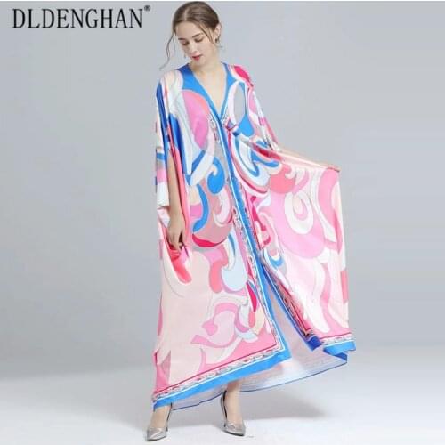 DLDENGHAN Fashion Abstract Print Spring Maxi Dress Women V-Neck Batwing Sleeve Single-Breasted Loose Plus Size Long Dresses