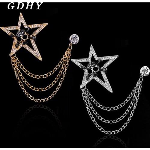 GDHY Pentagonal Star Skull Skeleton Chain Brooch Crystal Rhine stone Zircon Lapel Pin Male Suit Chain Brooch For Men Broche