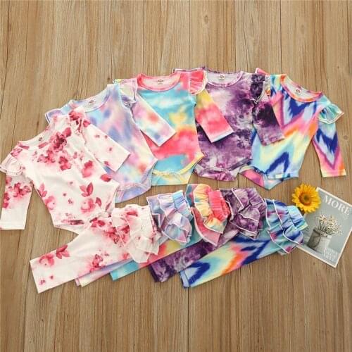 Newborn Baby Girls Clothes Set 2020 Autumn Long Sleeve Tie Dye Color Romper Tops Ruffles Pants Infant Sleepwear Clothing Outfits