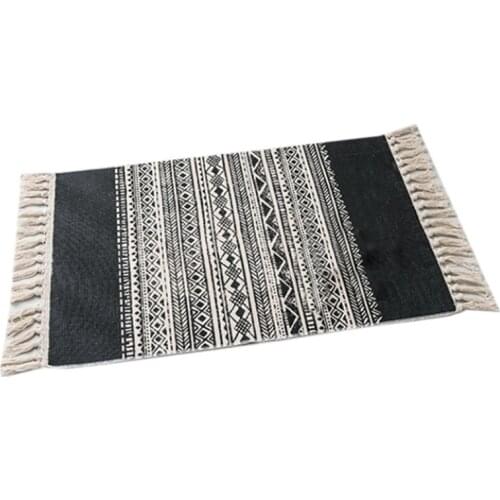 Linen and Cotton Blended Hand-Woven Tassel Carpet, Nordic Style Bedside Mats Suitable for Living Room and Bedroom,Black