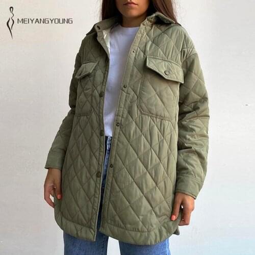MEIYANGYOUNG Amy Green Oversize Parka Women Lapel Mid Length Plaid Shirt Jacket Long Sleeve Buttons Pockets Female Coat Outwear