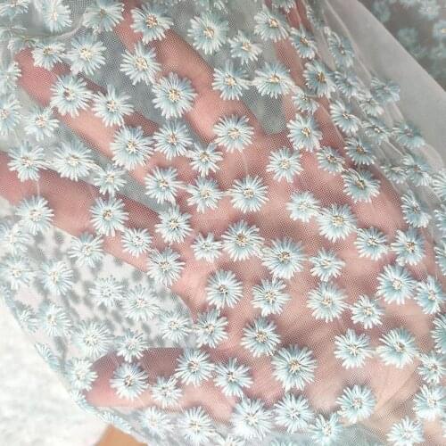 Soft Light Blue And White Adorable Daisy Flower Embroidered Tulle Lace Fabric For Party Dress,costume Design, By The Yard, 130cm