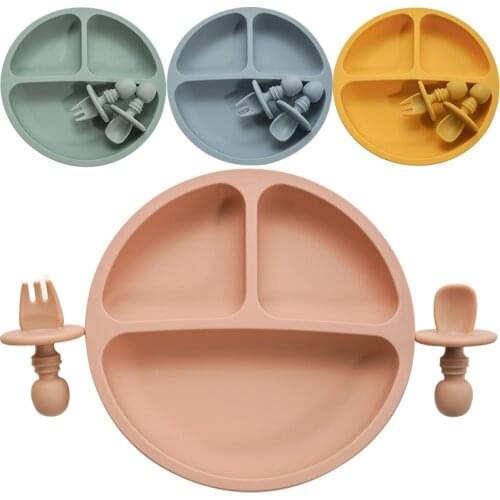 Fashion Solid Silicon Plate Set For Baby Kids Training Feeding Dinnerware Baby Learning Plate Set With Fork Spoon BPA Free