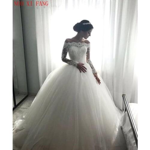 Off Shoulder Long Sleeves Cheap Wedding Dresses Ball Gown Appliques Lace Tulle Floor Length Wedding Gowns vestido de noiva