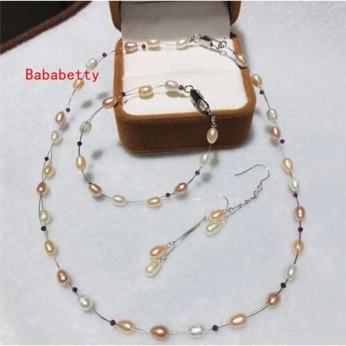 Beautiful New handmade natural freshwater pearls 5-6 mm rice shapes white multicolor necklace 18 "Bracelet7.5" earrings set AAA
