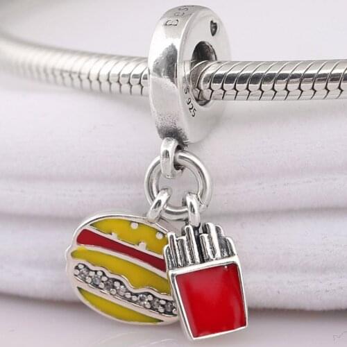 Original Red Enamel Burger & Fries With Best Friend Pendant Beads Fit 925 Sterling Silver Charm Europe Bracelet Diy Jewelry