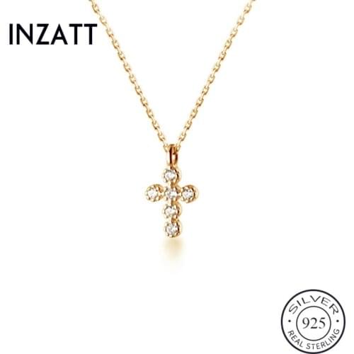 INZATT Real 925 Sterling Silver Zircon Cross Pendant Choker Necklace For Fashion Women PUNK Fine Jewelry Minimalist Accessories