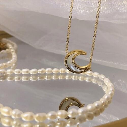 Titanium With 18K Gold Moon Real Pearl Choker Necklace Women Jewelry Punk Party Designer Club Cocktail Ins Rare Japan Korea