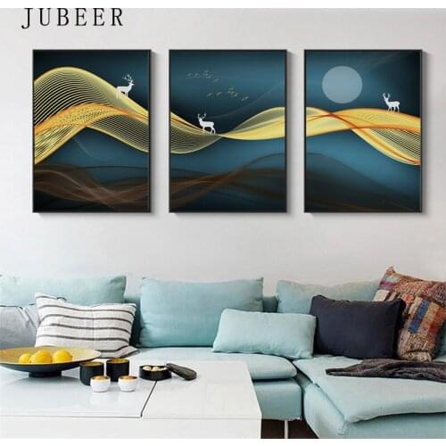 Nordic Style Deer Canvas Painting Abstract Lines Wall Art Moon Night Pictures Living Room Decoration Scandinavian Style Posters