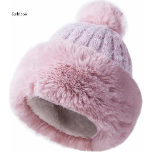 Knitted Hat Women Winter Soft Keep Warm Beanies Female Plus Velvet Fashion Pompom Knit Cap Outdoor Warm Casual Hat Skullies