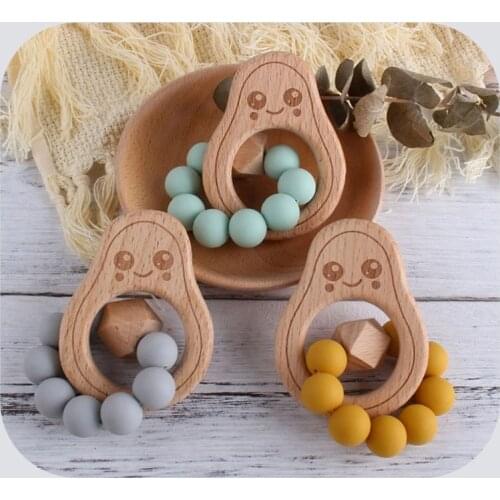 BPA Free Silicone Beads Baby Teether Baby Beech Wooden Avocado Bracelet Teether Molar Toys Newborns Teething Shower Gifts