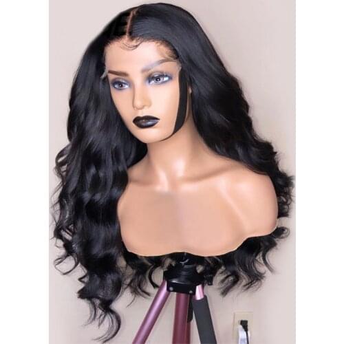 Middle Part Body Wave 26Inch Long Lace Front Fiber Hair Wig Jet Black Color Synthetic Hair PrePlucked Baby Hair Daily Glueless
