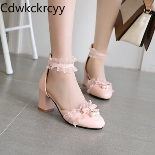 Spring and fall The New fashion High heel Women shoes sweet Bow Lace pearl princess student Thick heel Women shoes size 34-43