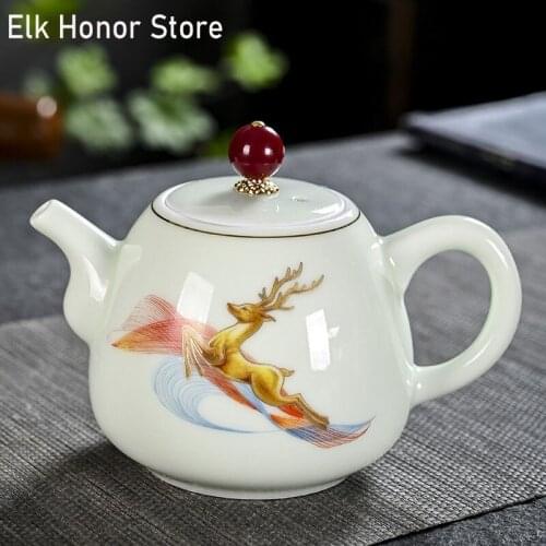 300ml Vintage Celadon Porcelain Teapot White Jade Porcelain Tea Pot Gold-banded Elk General Pot Kung Fu Tea Teakettle Drinkware