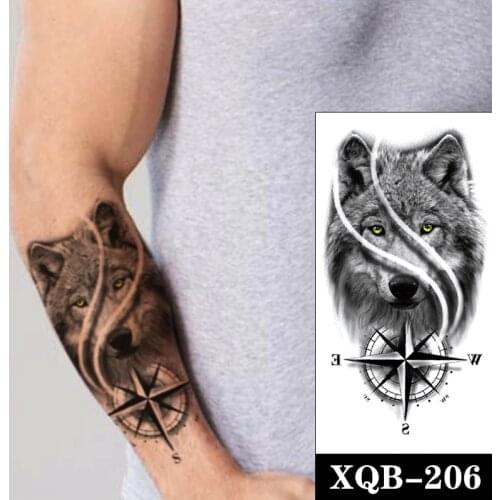 Temporary Tattoo Stickers Black Compass Wolf Green Eyes Letter Totem Fake Tattoos Waterproof Tatoos Arm Large Size for Women Men