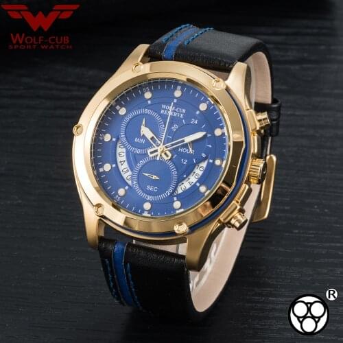 WOLF-CUB Casual Big Dial Chronograph Running Seconds Mens Sport Gold Watch Gentleman Original 6-pin Multifunction Sports Waterp
