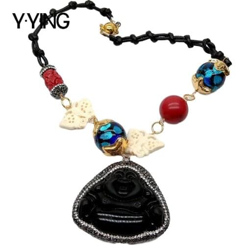 Y·YING Shell Butterfly Murano Red coral Black Jaspers Buddha Pendant Necklace 17.5'' religious style for women