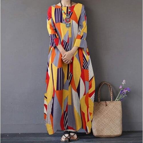 Womens Summer Clothing Slim Dress Casual Robe Cotton And Linen Printing Retro Abaya Femme Loose Round Neck Irregular Long Skirt