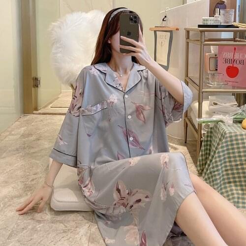 Womens Nightgown Floral Print Plus Size Sleep Shirt Striped Sleepwear 3/4 Sleeves Nightshirt Soft Cotton Button Down Sleepdress