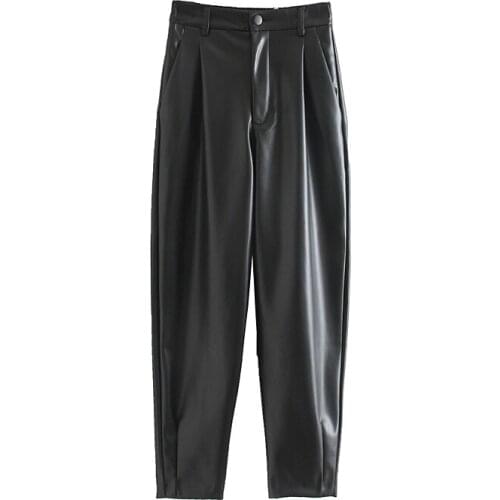 MXIN 2021 Women Vintage Faux Leather Pleated Pants Fashion Zipper Fly Side Pockets Office Wear Female Ankle Trousers Pantalones