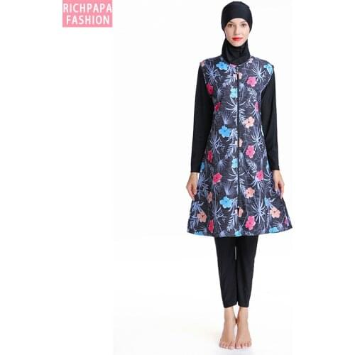 Women Muslim Swimwear Floral Print Full Cover Swimsuit hijab Islamic Islam Burkinis Beachwear Swimming Bathing Suit