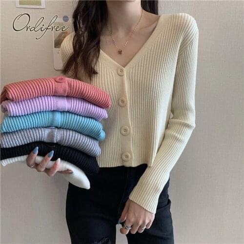 Ordifree 2021 Autumn Winter Women Knitted Cardiagn Long Sleeve Short Knitwear Coats Outwear Female Sweater Cardigan Jumpers