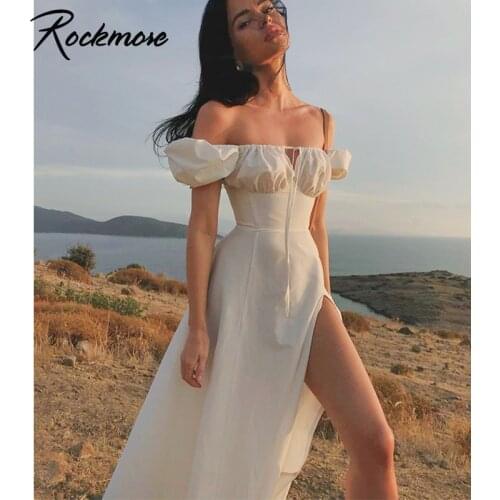 Rockmore Elegant Midi Dress Women Sexy Off Shoulder Long Dresses Y2K Summer Strapless Side Split Dress Beach Party French Robe