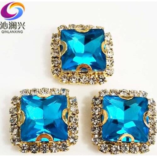 Golden bottom Lake blue square shape top Crystal glass buckle, sew on rhinestones use for Diy/jewelry accessories SQKG12