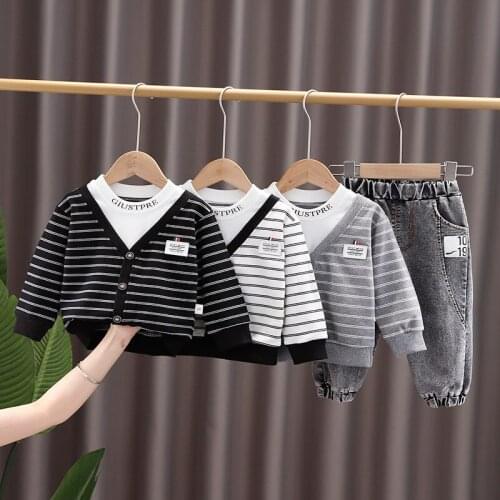 2pcs Autumn Winter Cotton Childrens Sets Kids Fake Two Striped Long Sleeves+Pants Jeans Outfit for Boys Casual Children Clothes