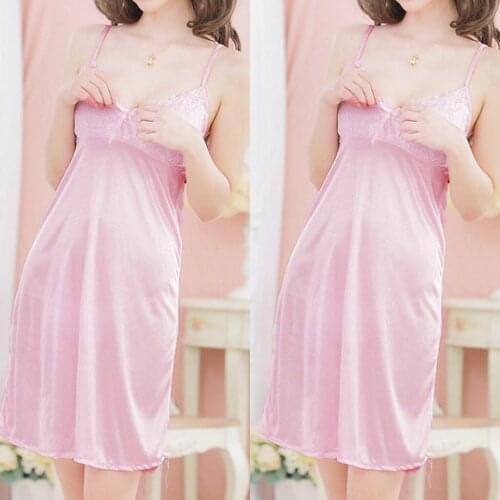 2pc Pink Satin Dress Sleepwear For Women Cute Lingerie Underwear