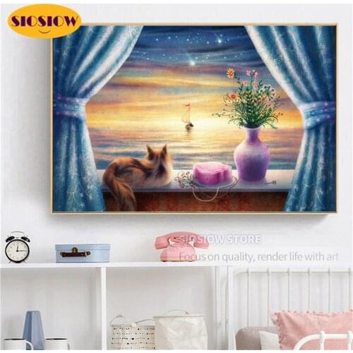 5D DIY Diamond Painting Cat Seascape Scenery With Window Cross Stitch Patterns Full Square Drill 3D Daimond Embroidery Deco Home