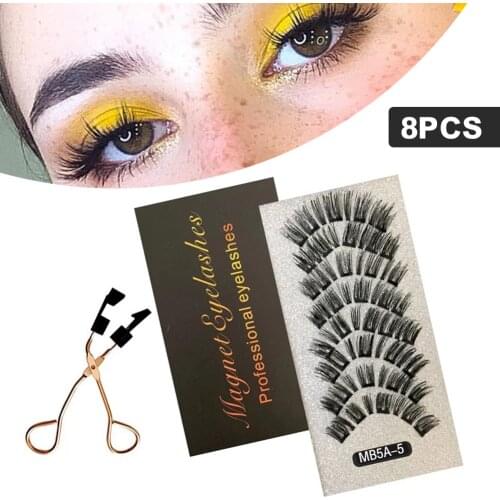 New 8PCS 5 Magnets 3D Magnetic False Eyelashes Lasting Handmade Natural Artificial Mink Faux Cils Magnétique with Tweezers drop