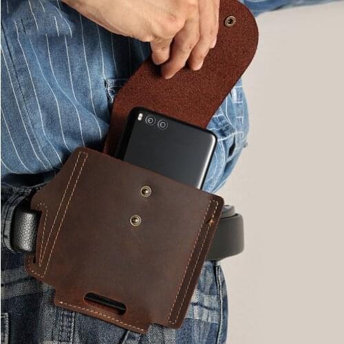 Caballo loco de cuero de vaca hombres cintura bolsa de viaje de cuero genuino pequeña riñonera cinturón bucles bolsa de cadera h