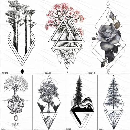 OMMGO Geometric Rose Plum Blossom Tree Temporary Tattoos Sticker Chains Custom Tattoo Body Art Arm Fake Tatoos Rose Diamond DIY