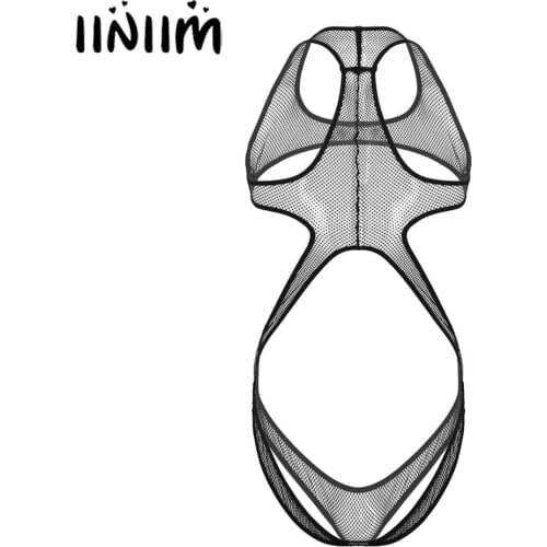 Mens Sissy Hollow Out Fishnet Exotic Lingerie Catsuit Racer Back Open Butt Jockstraps Wrestling Singlet Mankini Teddies Bodysuit