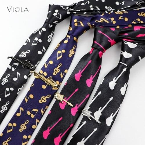 Musical Notes Bass Printed 100% Polyester 5cm Neck Tie Clip Set Skinny Men Tie Wedding Banquet Party Dress Tuxedo Gift Accessory
