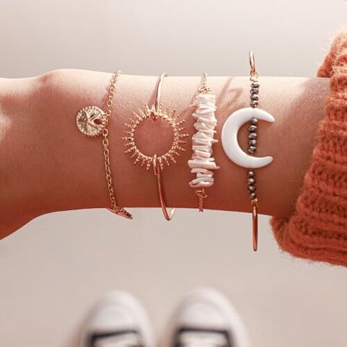 New Creative Fashion Alloy Sun Horns Broken Shell Star Bracelet 4-Piece Set For Women Bohemia Exaggeration Jewelry Wholesale
